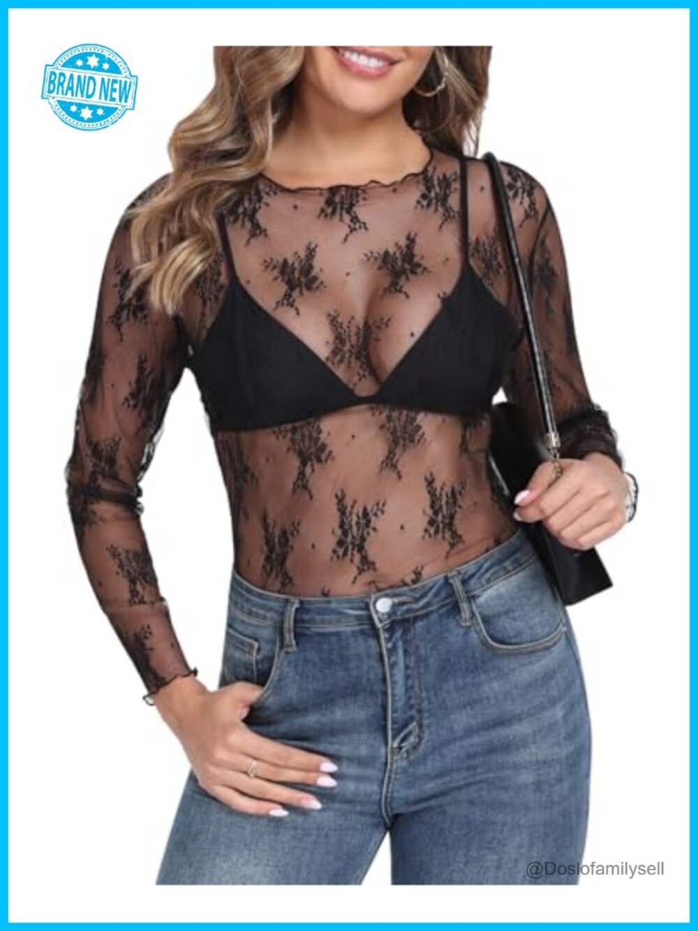Womens Lace Mesh Top Sheer Long Sleeve See Through Floral Mock Neck Blouse